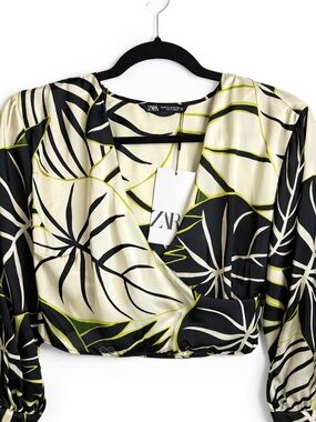 ZARA Tropical Leaf Satin Crop Top XS Black Green Wrap Blouse NWT